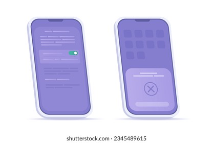 Isometric Smartphone Screen Flat Style. Modelación de la interfaz: Pantalla del menú de control con marcadores de posición de texto, botón Cambiar. Mensaje de error, notificación de advertencia. Diseño Ui Móvil. Cambios incompletos