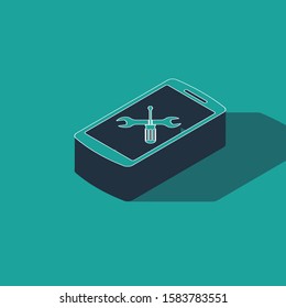 Isometric Smartphone with screwdriver and wrench icon isolated on green background. Adjusting, service, setting, maintenance, repair, fixing.  Vector Illustration