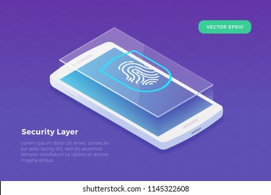 Isometrisches Smartphone mit Sicherheitsschicht auf der Oberseite mit Schild und Fingerabdruck-Symbol auf der Vektorillustration