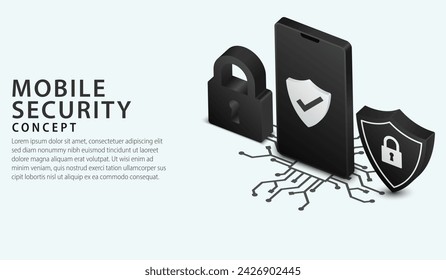 Isometric smartphone security technology. Online Protection system concept with phone and lock. Data privacy secure. VPN protect banner and Safety internet technology. 3D Vector illustration.