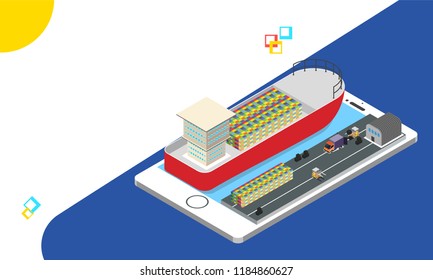 Isometric smartphone with shipping tracking system, location tracking application in mobile phone. Responsive web template design.
