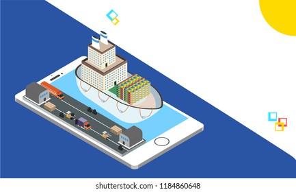 smartphone isométrico con sistema de seguimiento de envío, aplicación de seguimiento de ubicación en teléfono móvil. Diseño de plantillas web de respuesta.