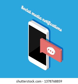 Isometric smartphone with social media notifications. 3D Chat message, like, heart icon. Vector illustration isolated on color background.