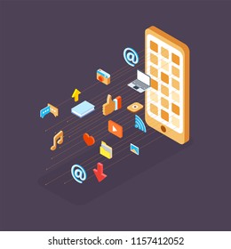 Isometric smartphone with social networking elements or apps on grey background.