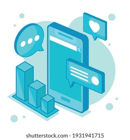 isometric smartphone and statistics icons