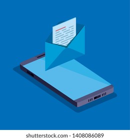 isometric smartphone technology with letter and document