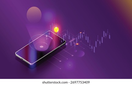 Isometric Smartphone Trading App Vector Illustration, Mobile Stock Market Analysis and Forex Chart