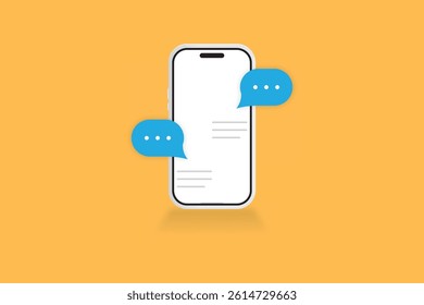 Isometric smartphone with two blue chat bubbles on orange background in flat style