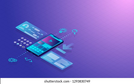 Isometric Smartphone UI-UX design concept and application, web development with screen layers show user interface graph and icons. Vector