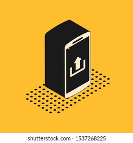Isometric Smartphone with upload icon isolated on yellow background.  Vector Illustration