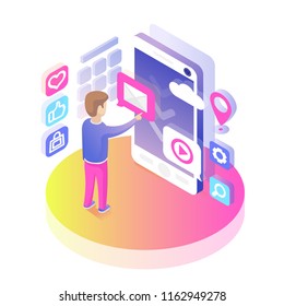 Isometric smartphone user. Mobile phone buttons, new message, like, play, application icons. Digital device concept. Infographic isometric vector illustration