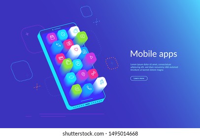 Isometric smartphone with various applications flying out the screen. Mobile apps icons for social media, messages and calls, maps, weather and smart home. Gradient dynamic design for landing page