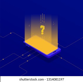 Isometric smartphone vector illustration background template with hologram effect and arrows coming into the phone.