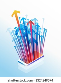 Plantilla de fondo de Ilustración vectorial isométrica de teléfono inteligente con flechas de colores que apuntan hacia fuera de la pantalla.