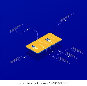 Isometric smartphone vector illustration background template with place for description.