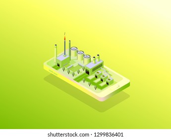Isometric smartphone vector illustration template with industrial facility buildings coming out of the screen.