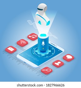 Isometric smartphone with voice controlled digital robot assistant, vector illustration. Ai chatbot. Soundwave intelligent, voice recognition technologies.