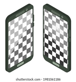 Isometric smartphone wit empty screen. Realistic smartphone mockup. Device UI, UX mockup for presentation template. Cellphone frame with blank display isolated templates. Vector