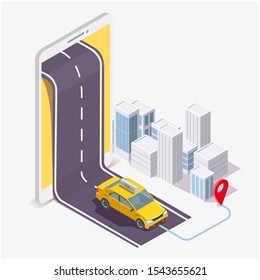 Isometric smartphone with yellow taxi cab going down the road, city and location pin, vector illustration. Taxi service mobile application, online navigation app concept.