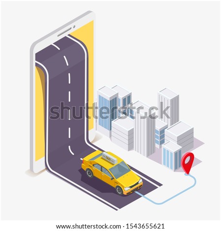Isometric smartphone with yellow taxi cab going down the road, city and location pin, vector illustration. Taxi service mobile application, online navigation app concept.