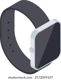 Isometric smartwatch with black strap and blank screen, showcasing modern wearable technology for time management, fitness tracking, and communication