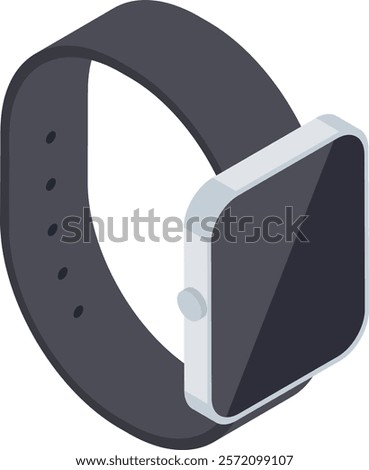 Isometric smartwatch with black strap and blank screen, showcasing modern wearable technology for time management, fitness tracking, and communication