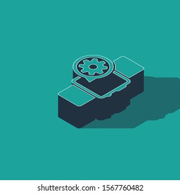 Isometric Smartwatch and gear icon isolated on green background. Adjusting app, service concept, setting options, maintenance, repair, fixing.  Vector Illustration