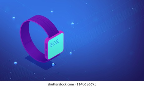 Isometric smartwatch with interface data on the screen. Wearable devices UI, UX design and application software development. IT business concept. Ultraviolet background. Vector 3d illustration.