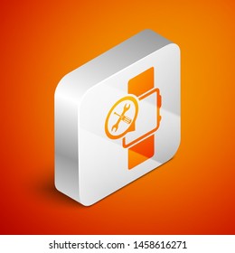 Isometric Smartwatch with screwdriver and wrench icon isolated on orange background. Adjusting, service, setting, maintenance, repair, fixing. Silver square button. Vector Illustration