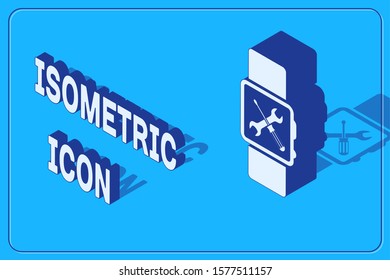 Isometric Smartwatch with screwdriver and wrench icon isolated on blue background. Adjusting, service, setting, maintenance, repair, fixing.  Vector Illustration