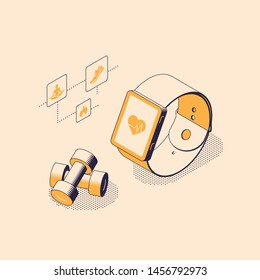 Isometric smartwatch with sport application on screen and weights for doing workout.