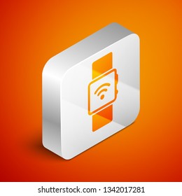 Isometric Smartwatch with wireless symbol icon isolated on orange background. Silver square button. Vector Illustration