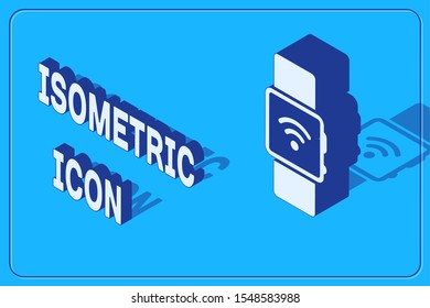 Isometric Smartwatch with wireless symbol icon isolated on blue background.  Vector Illustration