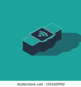 Isometric Smartwatch with wireless symbol icon isolated on green background.  Vector Illustration