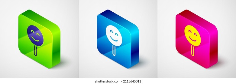 Isometric Smile face icon isolated on grey background. Smiling emoticon. Happy smiley chat symbol. Square button. Vector