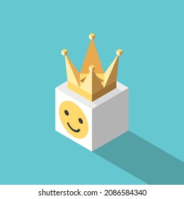 Cubo sonriente isométrico con corona. Realimentación positiva, el cliente es rey, felicidad, alta autoestima y concepto de amor propio. Diseño plano. Ilustración vectorial EPS 8, sin transparencia, sin gradientes