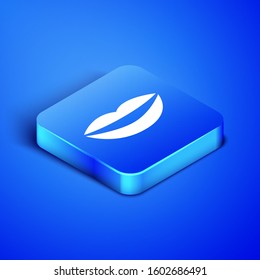 Isometric Smiling lips icon isolated on blue background. Smile symbol. Blue square button. Vector Illustration