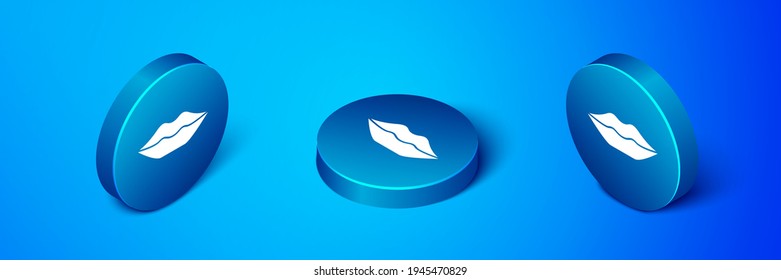 Isometric Smiling lips icon isolated on blue background. Smile symbol. Blue circle button. Vector