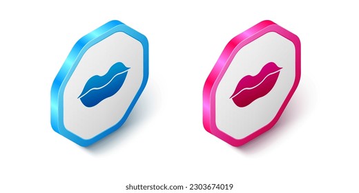 Isometric Smiling lips icon aislado en fondo blanco. Símbolo sonrisa. Botón hexagonal. Vector