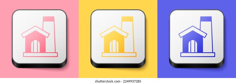 Isometric Smithy workshop interior icon isolated on pink, yellow and blue background. Square button. Vector