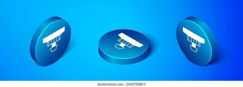 Isometric Smoke alarm system icon isolated on blue background. Smoke detector. Blue circle button. Vector