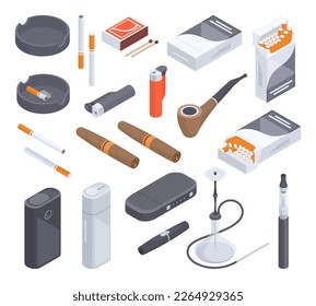 Isometric smoke nicotine elements. Tobacco cigarettes, pipe, vape, e-cigarettes, matches box and lighter 3D vector illustration collection. Smoking accessories