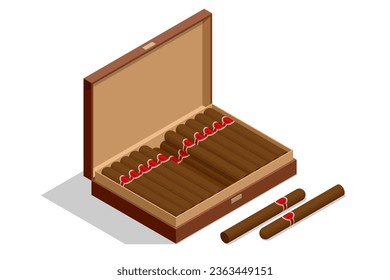 Isometric smoking cigar isolated on white background. Handcrafted Brown cigar made with real tobacco leaves.