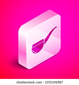 Isometric Smoking pipe with smoke icon isolated on pink background. Tobacco pipe. Silver square button. Vector Illustration