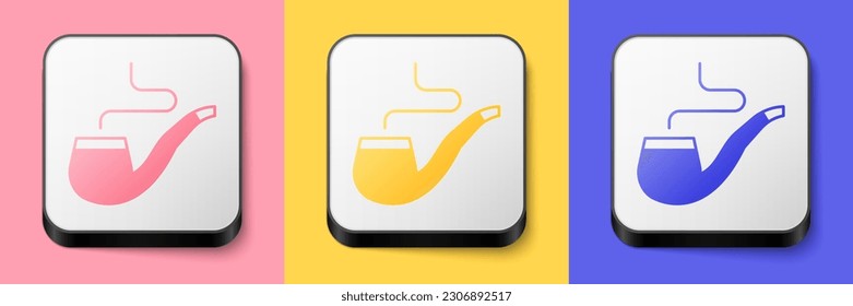 Isometric Smoking pipe with smoke icon isolated on pink, yellow and blue background. Tobacco pipe. Square button. Vector