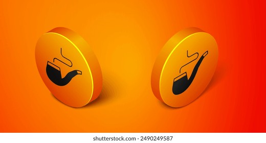 Pipa isométrica con icono de humo aislado sobre fondo naranja. Tubo de tabaco. Botón de círculo naranja. Vector