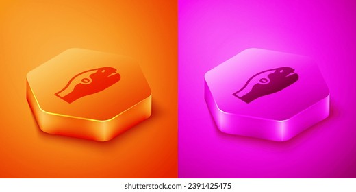 Isometric Snake icon isolated on orange and pink background. Hexagon button. Vector