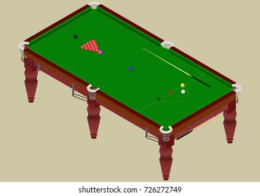 Isometric snooker playground table.Green table with balls and cue stick in a vector.