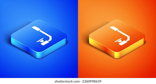 Isometric Snorkel icon isolated on blue and orange background. Diving underwater equipment. Square button. Vector