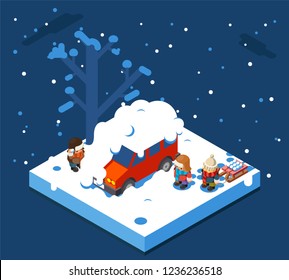 Isometric snowball winter boys walking sleigh snow background flat design vector illustration